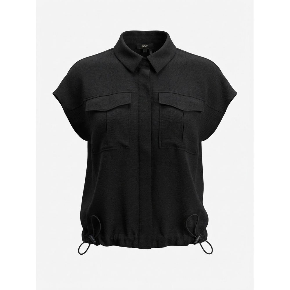 Utility Shirt Women Large Black Short Sleeve Drawstring Hem Cargo Excellent